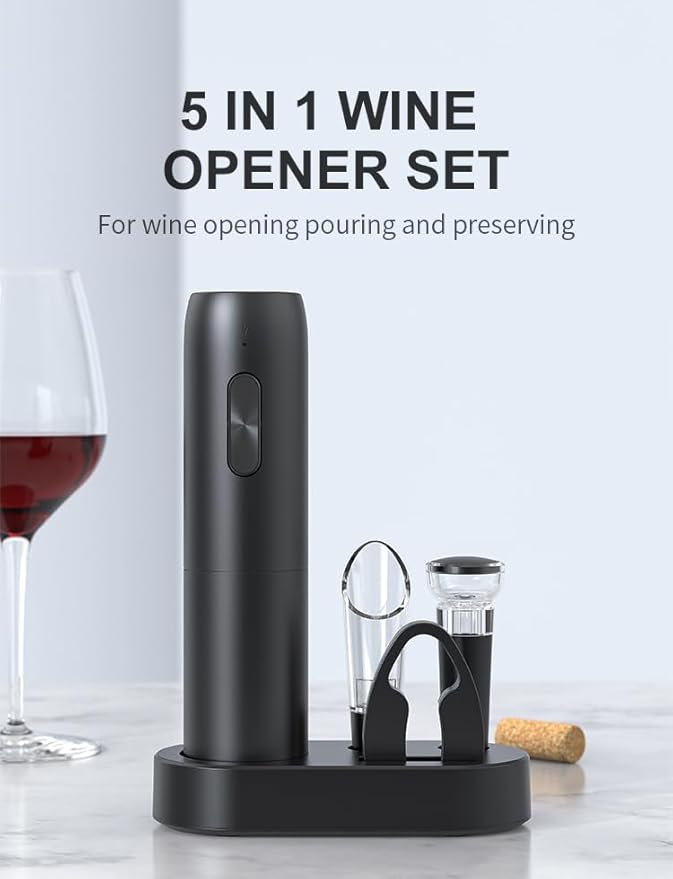 VGY Electric Wine Opener Set, 5 in 1 Rechargeable Automatic Electric Corkscrew with Charging Base, Foil Cutter, Wine Pourer & Vacuum Stopper, Electric Wine Bottle Opener for Home Bar & Wine Lovers