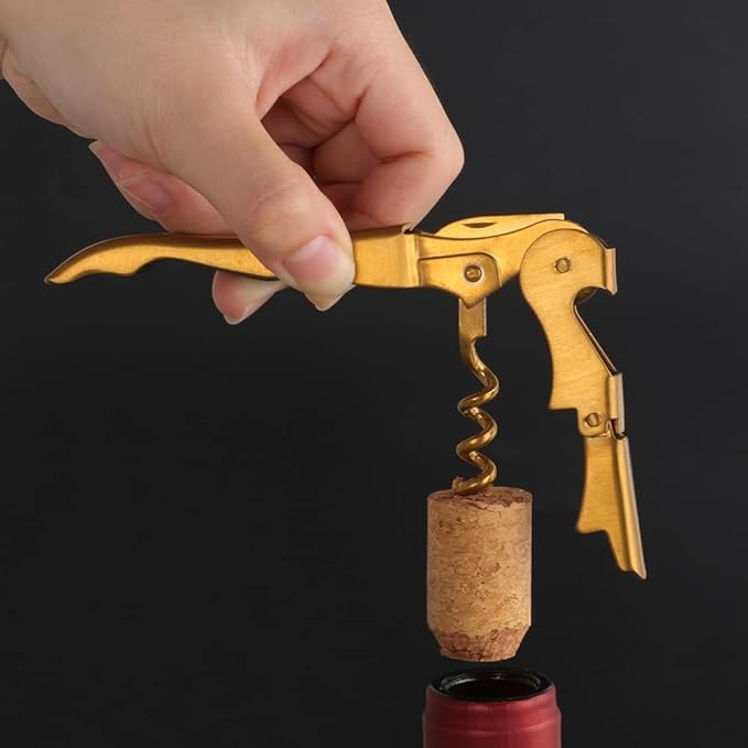Buyer Star Gold Manual Wine Opener Stainless Steel Waiters Corkscrew with Foil Cutter & Bottle Opener, Double Hinged Wine Key for Servers & Bartenders, 2 Piece