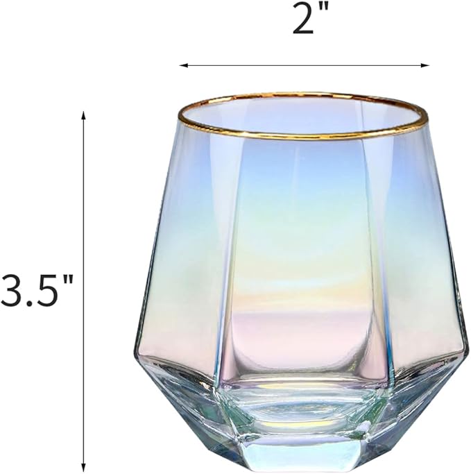 XKXKKE Diamond Wine Glasses Set of 2, 10 OZ Modern Stemless Gold Rim Glass Cups Iridescent Drinking Glassware for Serving Party, Home, Bar, Restaurants, Gift, Rainbow Tumbler, Colorful 2 Pack