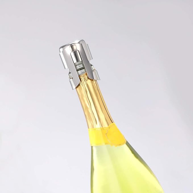 OWO Champagne Bottle Stoppers Stainless Steel, Reusable Champagne Cork & Saver Stopper, Leak Proof Prosecco & Sparkling Wine Plug, Bubble Retention Protection（Silver, 2 Pack）