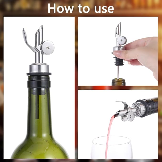 beyonday 3pcs Self Closing Liquor Bottle Pourers - Silver, Auto Flip Wine Bottle Stoppers with Rubber Dust Cap & Cleaning Brush Weighted Olive Oil Vinegar Dispenser Spout, Fit about 3/4'' Bottle Mouth