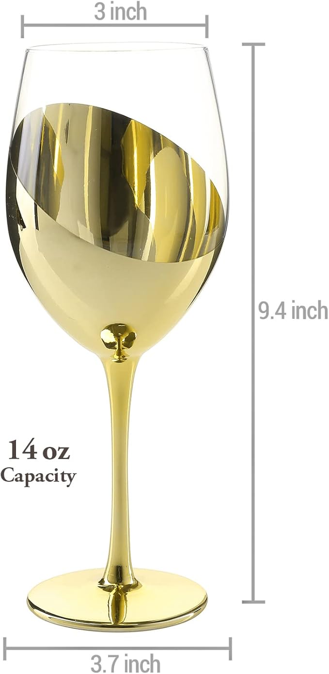 MyGift Modern Brass Long Stemmed Wine Glasses for White or Red Wine with Elegant Angled Design, Set of 4