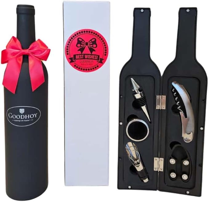 GOODHOY-Wine Accessories Gift Set in Bottle-Shaped Case, 5-Piece Premium Wine Opener Kit with Corkscrew, Stopper, Pourer, Drip Ring & Foil Cutter — Gift-Ready Box with a Real Bow