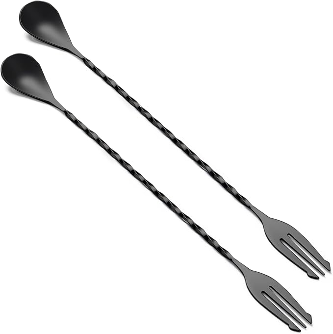 BRIOUT 2 Pcs Bar Spoon, 12 Inches Long Handle Drink Stirrer, Stainless Steel Bar Cocktail Mixing Spoons with Double Ended Design for Stirring, Black