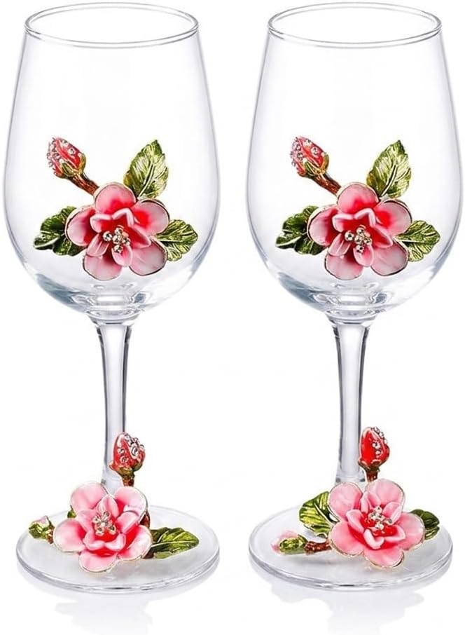 Simcat Handmade Painted Enamel Flower Glass Wine Glasses Transparent Refined Goblet, Stem For Cabernet, Gifts (pink single gift box2)