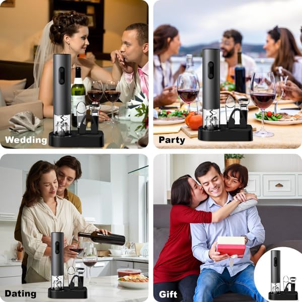 Electric Wine Opener Set, Battery Powered Wine Bottle Opener with Foil Cutter, Vacuum Stopper, Wine Pourer & Storage Base, Automatic Corkscrew Kit for Wine Lovers, Gift for Men Women (Black)