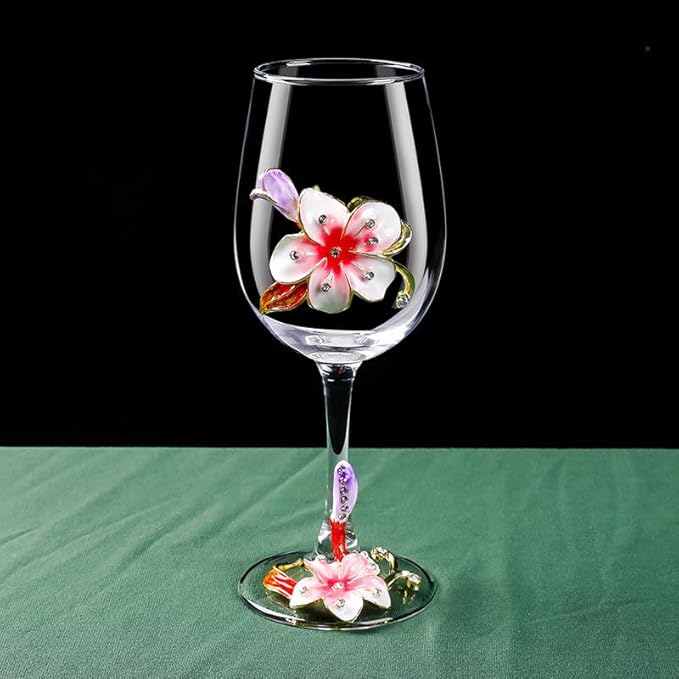 Simcat Handmade Painted Enamel Flower Glass Wine Glasses Transparent Refined Goblet, Stem For Cabernet, Gifts (pink double gift box1)