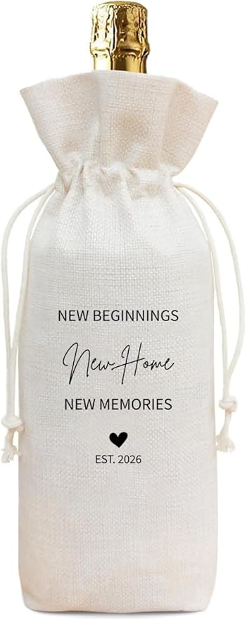 Housewarming Gift Wine Bag, New Home New Beginnings Linen Drawstring Wine Bottle Bag, Reusable Wine Pouch for New Homeowner Closing Gift, 13 x 5.7 Inch - A08