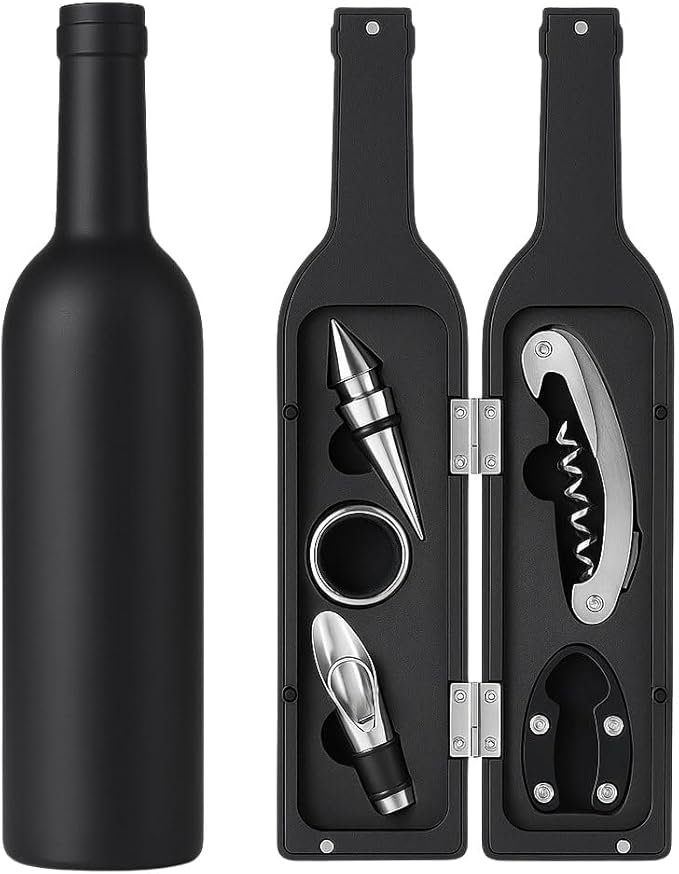 Wine Accessories Gift Set – 5-Piece Bottle-Shaped Wine Opener Kit with Corkscrew, Foil Cutter, Drip Ring, Wine Pourer & Stopper – Wine Lover Gift for Men & Women