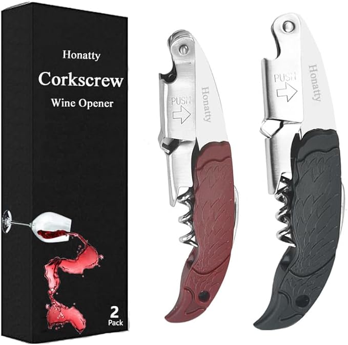 Waiter Corkscrew Wine Opener Manual | 2 Pack Professional Honatty 3-in-1 Heavy Duty Double Hinged Wine Key with Foil Cutter & Beer Bottle Opener for Servers, Bartenders & Home Use