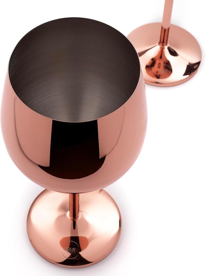 K&K Home Rose Gold Stainless Steel Unbreakable Wine Glasses - 18 oz - Set of 4 Colored, Stemmed Metal Wine Glasses Perfect for Outdoors, Weddings, and Parties