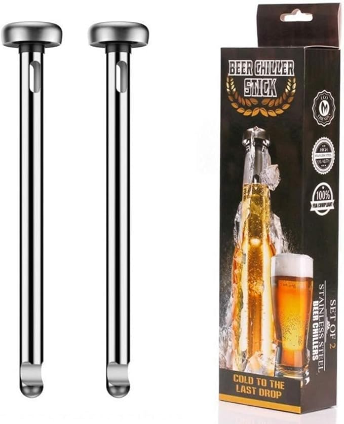 Beer Chiller Sticks for Bottles with Bottle Opener, 2 Pc/Set Reusable Freezer Safe Chilling Rods, BPA Free Stainless Steel, Chill Drinks Fast, Unique Birthday for Dad, Boyfriend