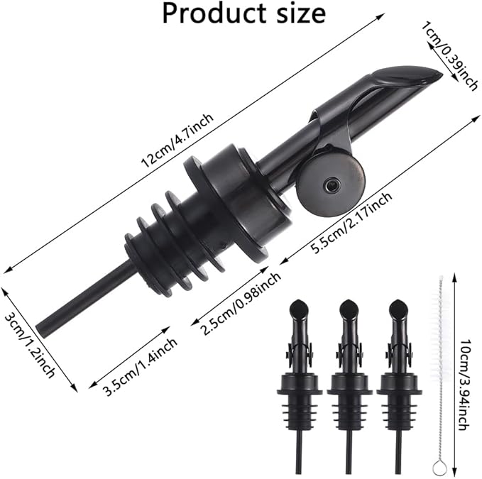 beyonday 3pcs Self Closing Liquor Bottle Pourers - Black, Auto Flip Wine Bottle Stoppers with Rubber Dust Cap & Cleaning Brush, Weighted Olive Oil Vinegar Dispenser Spout, Fit about 3/4'' Bottle Mouth