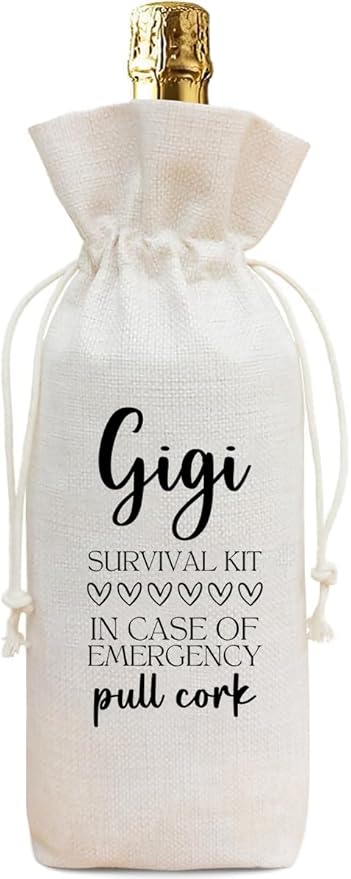 Funny Gigi Survival Kit Wine Bag, Linen Drawstring Wine Bottle Gift Bag, Reusable Wine Pouch for Gigi Birthday Mother's Day Christmas Grandparents Day, 13 x 5.7 Inch - A04
