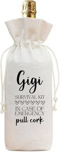 Funny Gigi Survival Kit Wine Bag, Linen Drawstring Wine Bottle Gift Bag, Reusable Wine Pouch for Gigi Birthday Mother's Day Christmas Grandparents Day, 13 x 5.7 Inch - A04