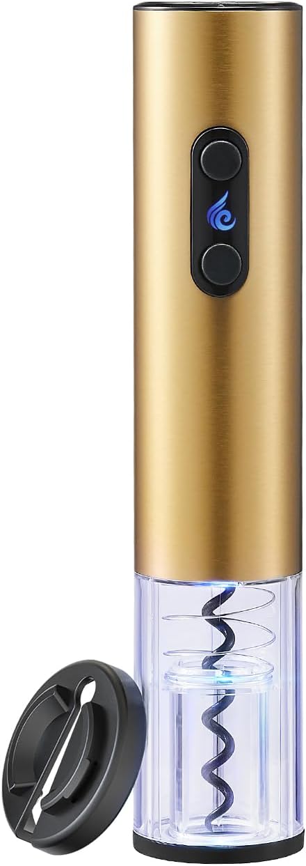 Battery Operated Electric Wine Opener by ELMWAY - Stainless Steel Electric Corkscrew with LED Light & Foil Cutter, Simple Push-Button Operation for Wine Lover (Gold, 4 x AA Not Included)