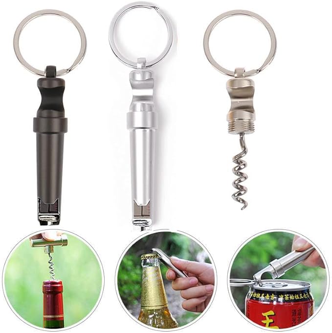 Mini Keychain Corkscrew, Elegant 3 In 1 Portable Bottle Opener Wine Bottle Corkscrew Key Ring, Update Wine Beer Opener for Backpack Camping Kit Waiters (Silver)