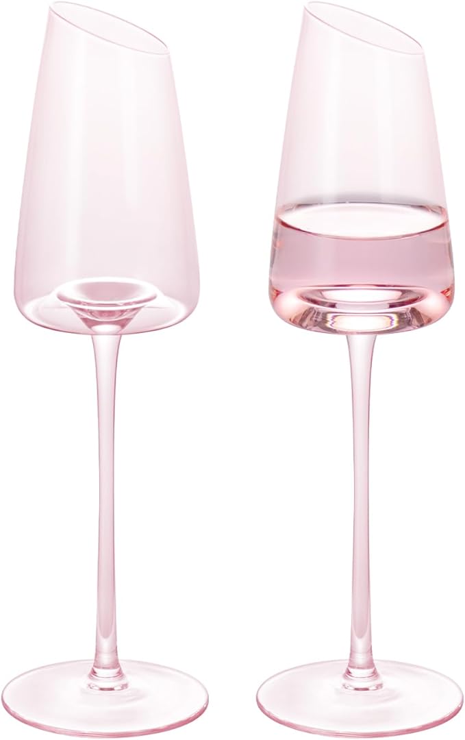 KAMMAK Wine Glasses Set of 2, 7.44 oz Hand Blown Crystal Bordeaux Wine Glasses, Thin Rim & Long Stem, Perfect for Red & White, Daily Use, Wedding or Birthday Gift with Gift Box, XH-H260 Pink