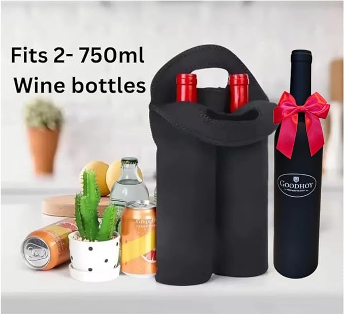 Insulated Neoprene 2‑Bottle Wine Tote Bag with Pocket & Shoulder Strap -Fits Two 750 ml Bottles + 5‑Piece Wine Accessory Set in Bottle‑Shaped Case - Gift for Weddings, Picnics, Travel, Parties.