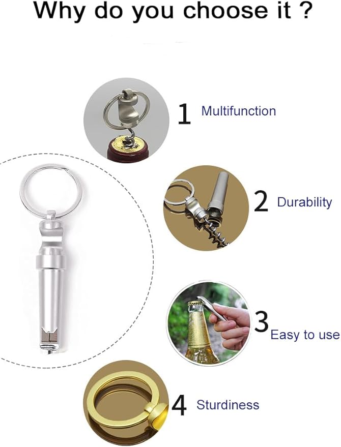 Mini Keychain Corkscrew, Elegant 3 In 1 Portable Bottle Opener Wine Bottle Corkscrew Key Ring, Update Wine Beer Opener for Backpack Camping Kit Waiters (Silver)