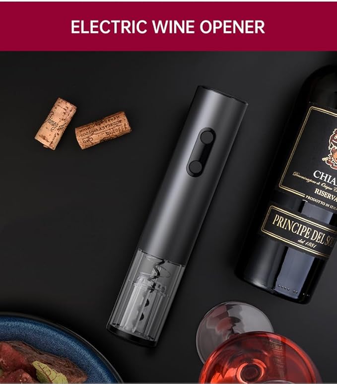 Electric Wine Opener, Battery-Powered Aluminum Alloy Bottle Opener with Silicone Buttons, Includes Foil Cutter for Safe and Easy Wine Opening Gifts for Wine Lovers