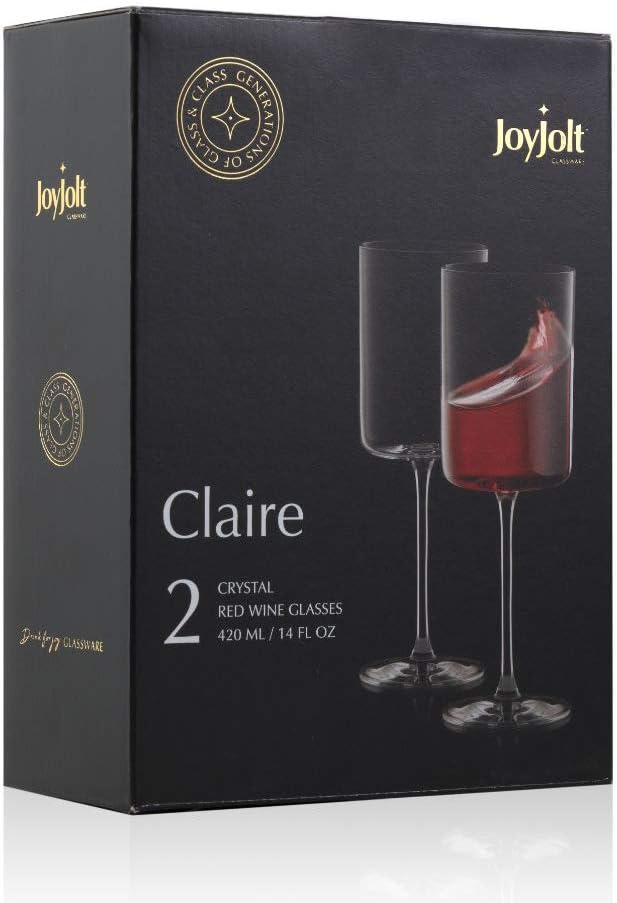 JoyJolt Claire 14oz Red Wine Glass Set, Large Wine Glasses Set of 2, Elegant Crystal Wide Rim Stemware, Modern Glasses with Stem, Made in Europe Stemmed Glassware for Unique Gifts