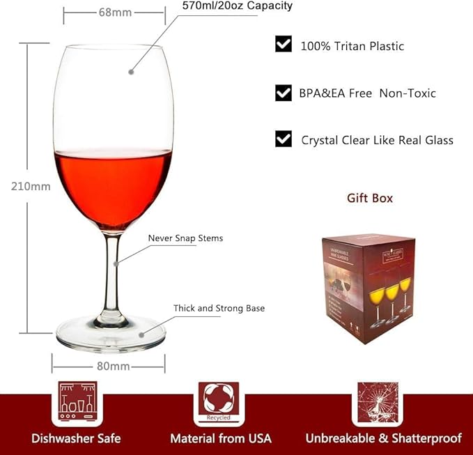 MICHLEY Unbreakable Wine Glasses, 100% Tritan Plastic Shatterproof Large Wine Glasses 20 oz, Set of 6