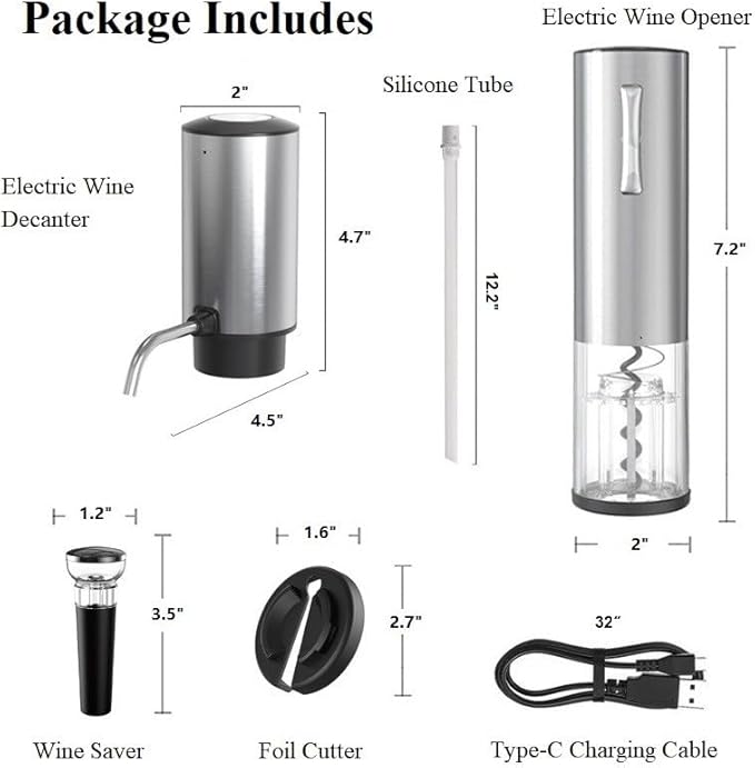 Electric Wine Opener Set with Wine Aerator & Dispenser, Rechargeable Wine Decanter, Foil Cutter & Vacuum Wine Stopper Saver, Stainless Steel Wine Gift Set for Wine Lovers
