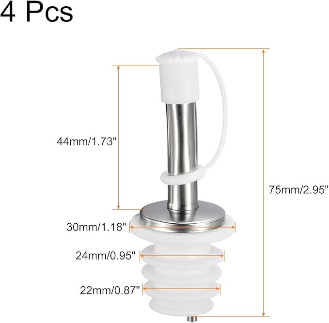 uxcell Stainless Steel Bottle Pourers, 4Pcs 75mm/2.95" Olive Oil Spout with Rubber Dust Caps, Wine Pourers Liquor Pour Spouts for Pours Liquid, Wine, Vinegar, Most Liquor Bottles (White)