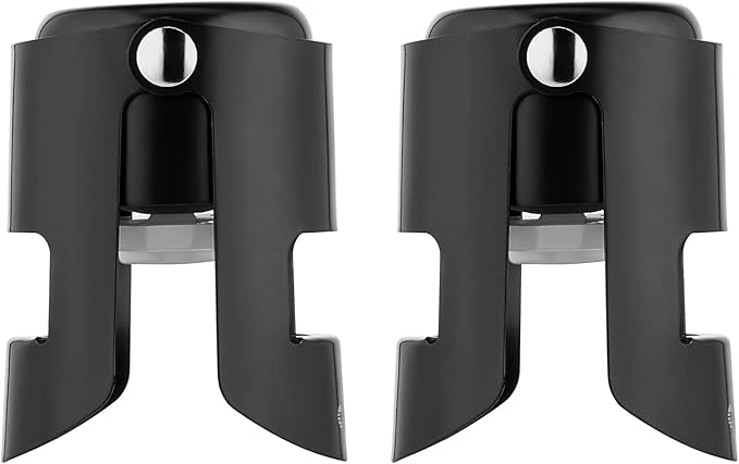 OWO Champagne Bottle Stoppers Stainless Steel, Reusable Champagne Cork & Saver Stopper, Leak Proof Prosecco & Sparkling Wine Plug, Bubble Retention Protection（Black, 2 Pack）