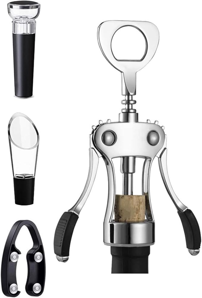 Wine Opener Set, Heavy-Duty Zinc Alloy Wing Corkscrew with Foil Cutter, Vacuum Stopper and Wine Aerator Pourer, Multifunctional Bottle Opener for Kitchen, Bar, Restaurant, Bartender, Perfect Wine Gift