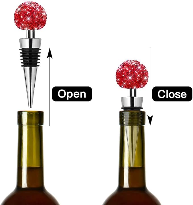 Soleebee Bling Decorative Wine Stoppers,Wine Bottle Stopper with Crystal Rhinestone, Beverage Bottle Stoppers for Gifts, Bar, Holiday Party, Wedding (Red)
