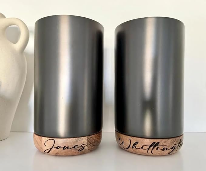 Personalized Stainless Steel Wine Chiller with Acacia Wood Base, Double-Wall Insulated, wine lover gift 4.7x4.7x8.25 inches