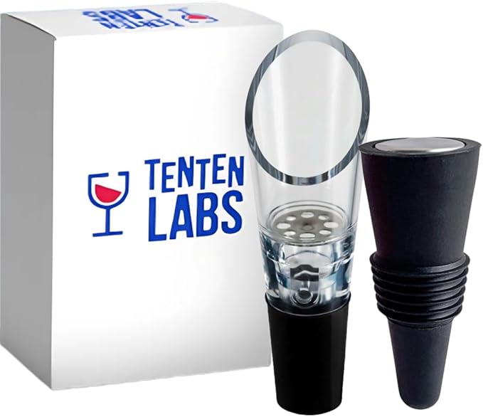 Red Wine Aerator and Stopper Set (2-Pack) by TenTen Labs, In-Bottle Aerator Spout for Smooth Pouring, Leak-Resistant Bottle Stopper with Re-Corker, Gift Box Included, (Black)