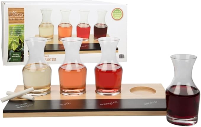 Deco Wine Tasting Flight Sampler Board - Set Includes Four 6 oz Decanter Glasses & Wood Paddle Chalkboard - Great for Charcuterie Boards, Wine Taste Testing, Date Nights - Mothers Day Gifts for Mom
