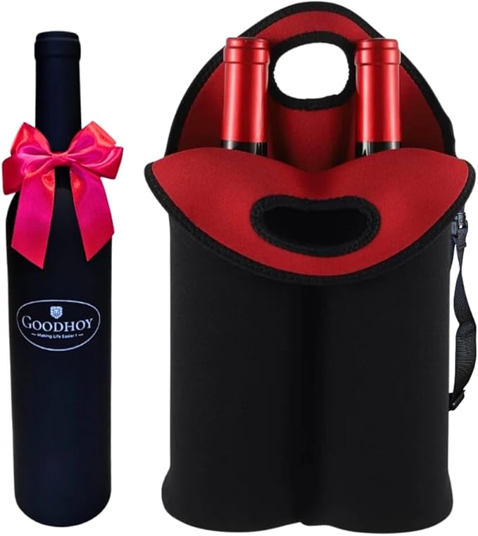 Insulated Neoprene 2‑Bottle Wine Tote Bag with Pocket & Shoulder Strap -Fits Two 750 ml Bottles + 5‑Piece Wine Accessory Set in Bottle‑Shaped Case - Gift for Weddings, Picnics, Travel, Parties.
