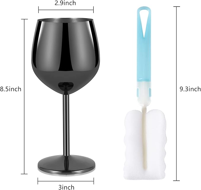 Lifecapido Stainless Steel Wine Glasses Set of 4, 18oz Stainless Steel Wine Goblets, Stemmed Metal Wine Glasses with Cup Brush for Party Office Anniversary, Great for Red White Wine (Grey Black)