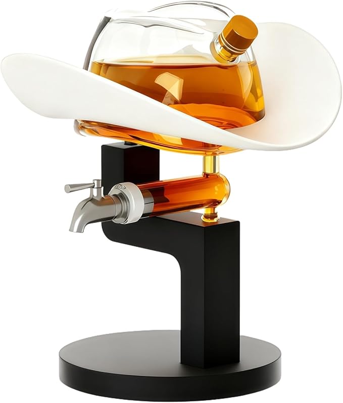 Western Cowboy Hat Decanter – 27oz Clear Glass Whiskey & Liquor Bottle | Premium Bar Display for Home, Lounge, or Man Cave Gifts, Rustic Collector Drinking - Great Gift Him Men, Dad, or Western Fans