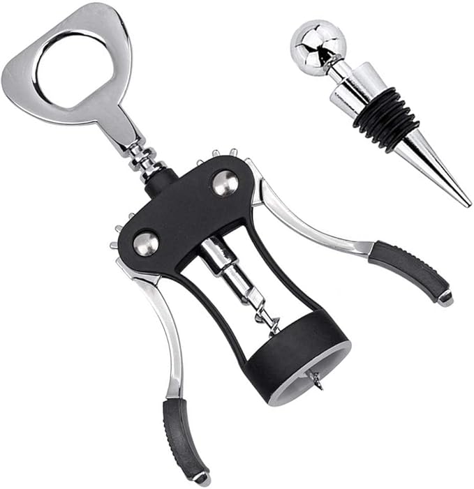 Foho Wine Opener, Multifunctional Wing Corkscrew Wine Bottle Opener for all Cork Stoppered and Beer Cap Bottles, Luxury Waiter Corkscrew with Stopper Set for Wine Enthusiast, Waiters - Black