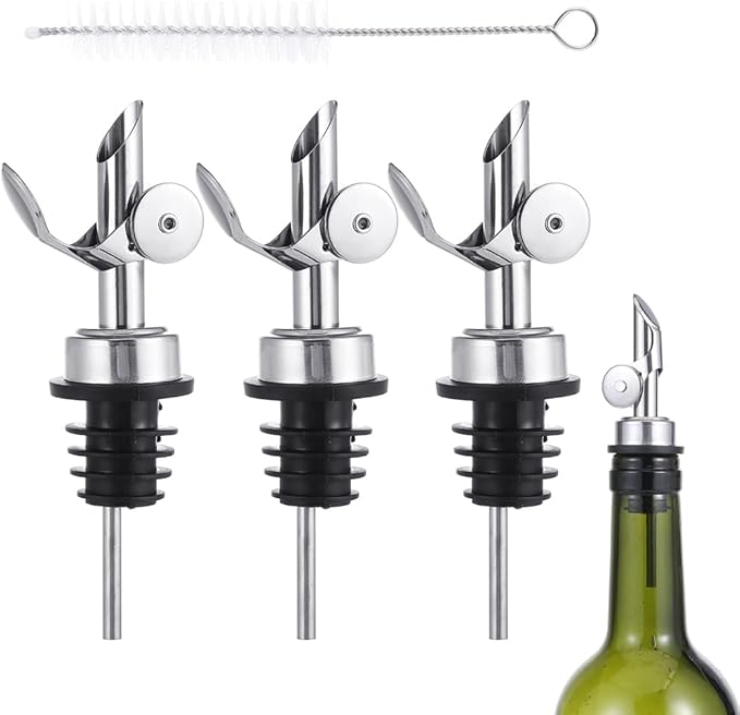 beyonday 3pcs Self Closing Liquor Bottle Pourers - Silver, Auto Flip Wine Bottle Stoppers with Rubber Dust Cap & Cleaning Brush Weighted Olive Oil Vinegar Dispenser Spout, Fit about 3/4'' Bottle Mouth