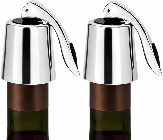 2-Pack Stainless Steel Wine Stoppers - Silicone Seal for Freshness, Reusable Bottle Sealer
