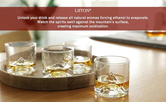 LIITON The Peaks Mountains Crystal Bourbon Whiskey Decanter Gift Set with 4 Old Fashioned Glasses, Premium Luxury Gifts for Men, Vodka, Scotch, Liquor, 1,000 ML