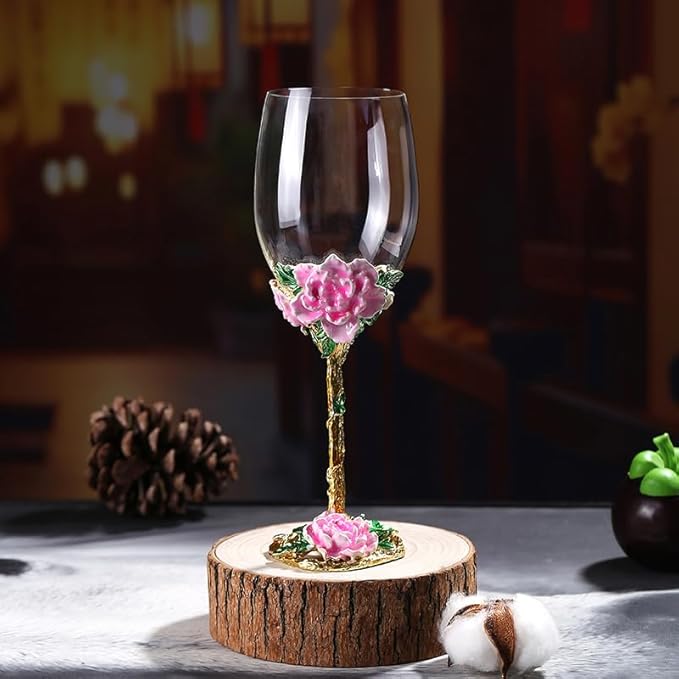 Simcat Handmade Painted Enamel Flower Glass Wine Glasses Transparent Refined Goblet, Stem For Cabernet, Gifts (pink single gift box,big flower)