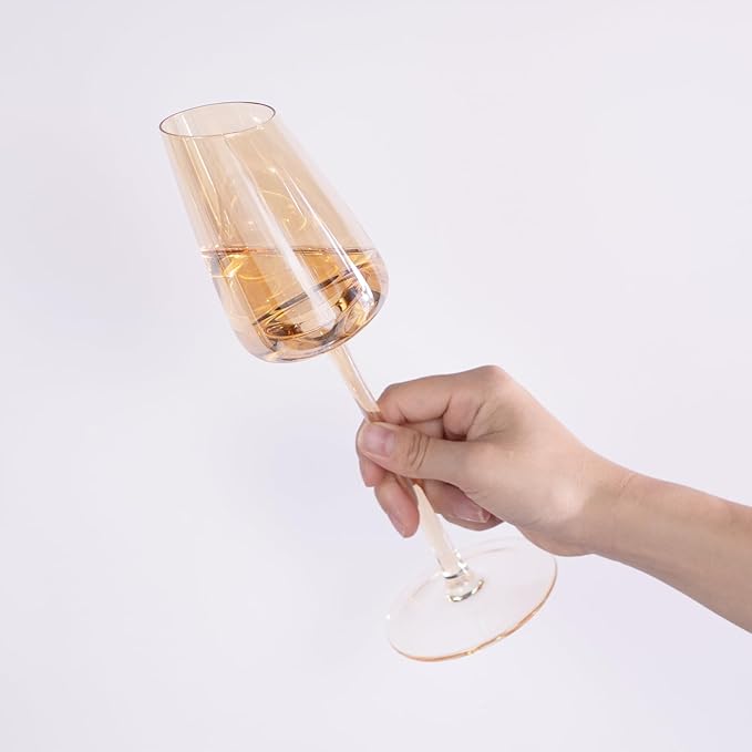 KAMMAK Wine Glasses Set of 2, 7.44 oz Hand Blown Crystal Bordeaux Wine Glasses, Thin Rim & Long Stem, Perfect for Red & White, Daily Use, Wedding or Birthday Gift with Gift Box, XH-H260 Amber