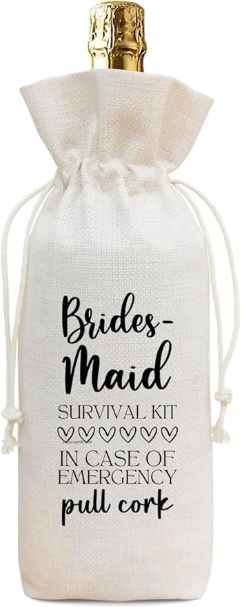 Wine Bridesmaid Proposal Gift Wine Bag, Funny Survival Kit Linen Drawstring Wine Bottle Cover, Reusable Wine Pouch for Bridal Shower Bachelorette Party Wedding Bridesmaid Gift - A05