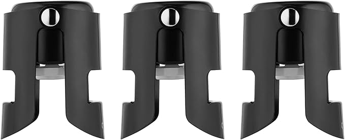 OWO Champagne Bottle Stoppers Stainless Steel, Reusable Champagne Cork & Saver Stopper, Leak Proof Prosecco & Sparkling Wine Plug, Bubble Retention Protection （Black, 3 Pack）