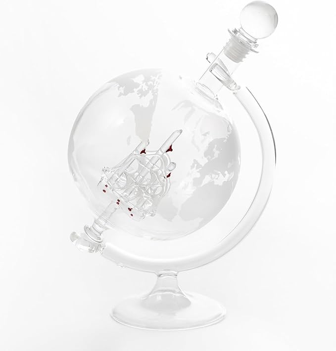 Whiskey Decanter Set 35 oz - Men's Whiskey, Wine and Bourbon Shaker with 2 Diamond Alcohol Glasses - Etched Globe Glass Decanter with Ship - Dads Gifts for Holiday (Glass Ship)