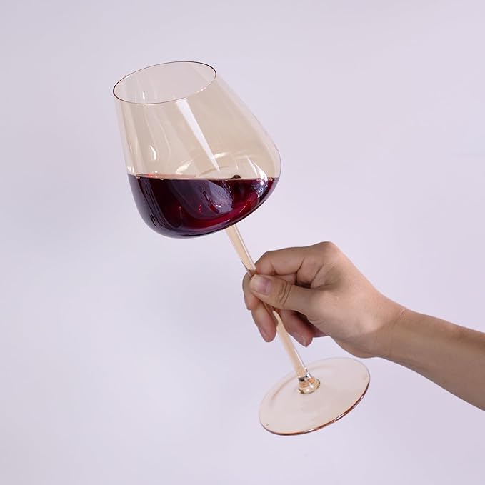 KAMMAK Wine Glasses Set of 2, 16.06 oz Hand Blown Crystal Bordeaux Wine Glasses, Thin Rim & Long Stem, Perfect for Red & White, Daily Use, Wedding or Birthday Gift with Gift Box, XH-H280 Amber