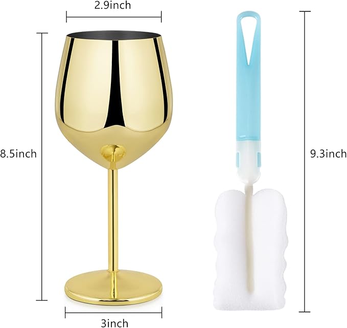 Lifecapido Stainless Steel Wine Glasses Set of 8, 18oz Stainless Steel Wine Goblets, Stemmed Metal Wine Glasses with Cup Brush for Party Office Wedding Anniversary, Great for Red White Wine (Gold)