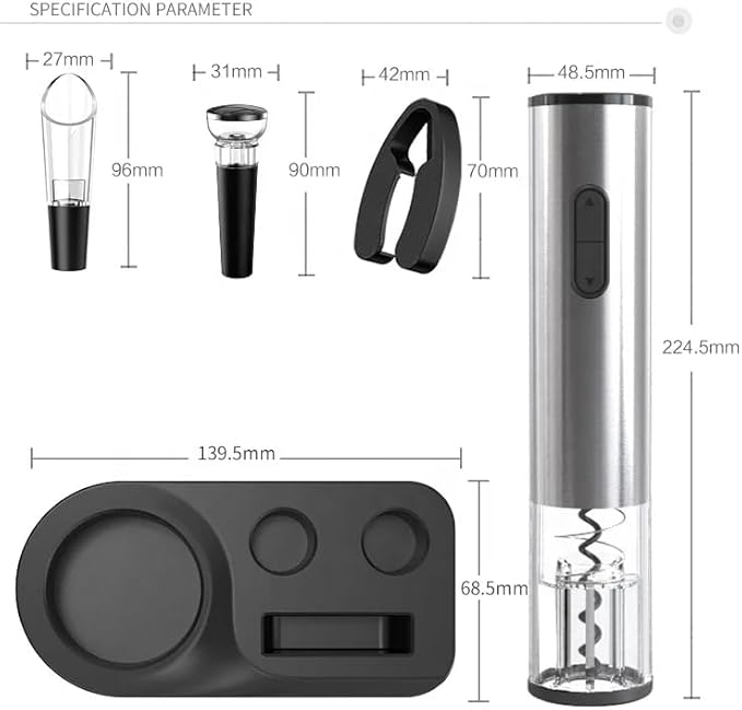 CHUANYU Electric Wine Opener, 5 in 1 Automatic Electric Wine Bottle Corkscrew Opener with Foil Cutter, Rechargeable (Stainless Steel) (Silver)